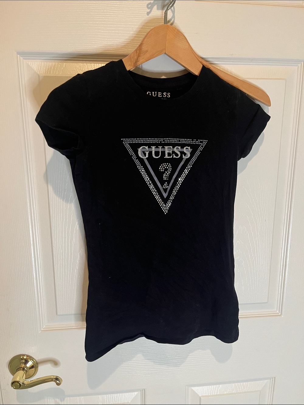GUESS Black Short Sleeve Tee with Crystal Triangle Logo
